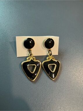 Vintage Black Enamel Gold Tone Statement Dangle Earrings